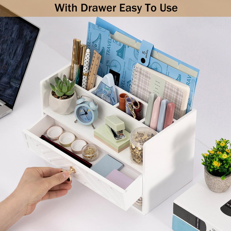 dreampossible white Wood Desk Organizer and Accessories with Drawer  Bill Mail Organizer and File Mail Holder for Office Supplies  Desk Accessories & Workspace Organizers for Desk Organization - Image 3
